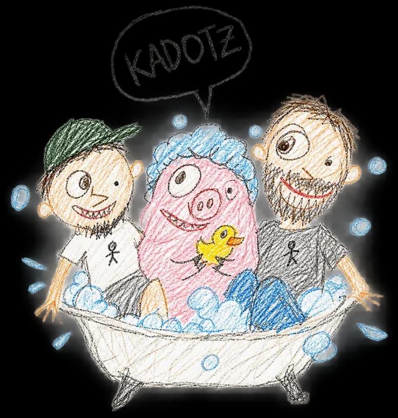 KADOTZ drawing: Two guys and a pig in a shower cap in one tiny bathtub (drawn by AI)