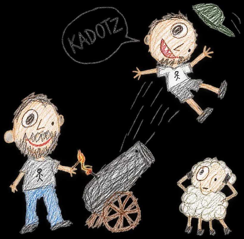 KADOTZ drawing: One lights the fuse, the other flies out of the cannon, a sheep covers its ears (drawn by AI)