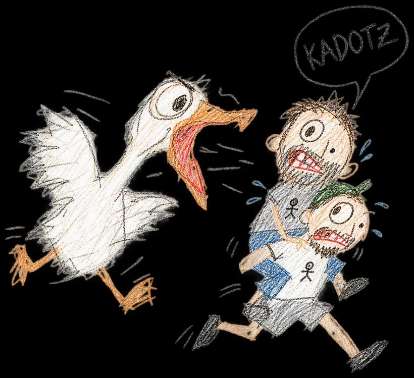 KADOTZ drawing: An angry goose chases them, one carries the other piggyback (drawn by AI)
