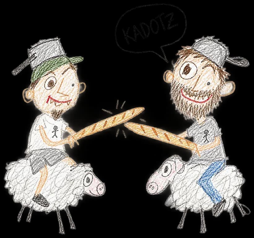 KADOTZ drawing: Jousting on sheep with baguettes, cooking pots as helmets (drawn by AI)
