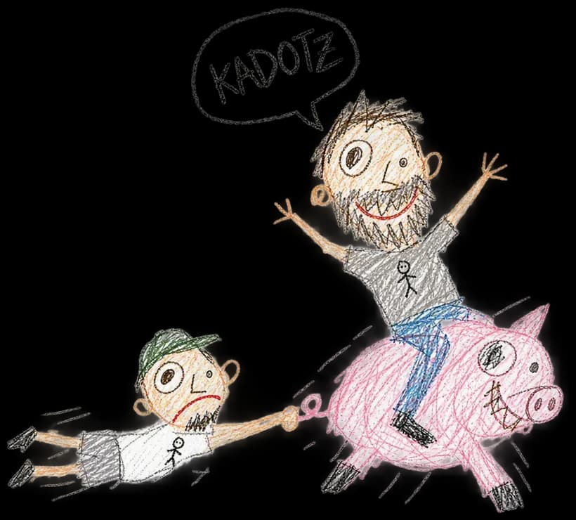 KADOTZ drawing: Pig rodeo, the other one is dragged along by the curly tail (drawn by AI)