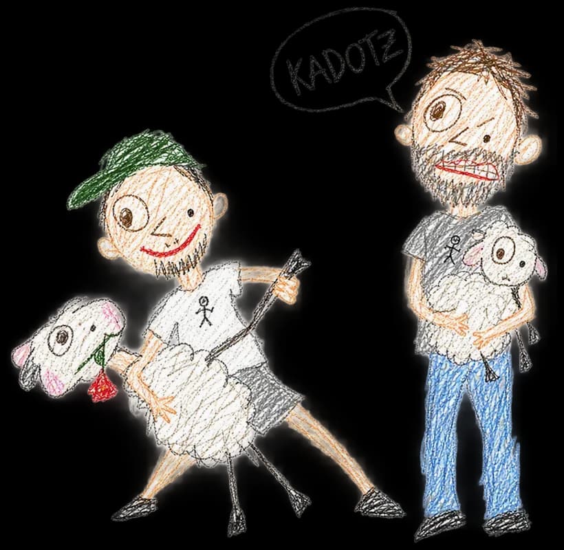 KADOTZ drawing: Tango with a sheep holding a rose, the other one holds a sheep too (drawn by AI)