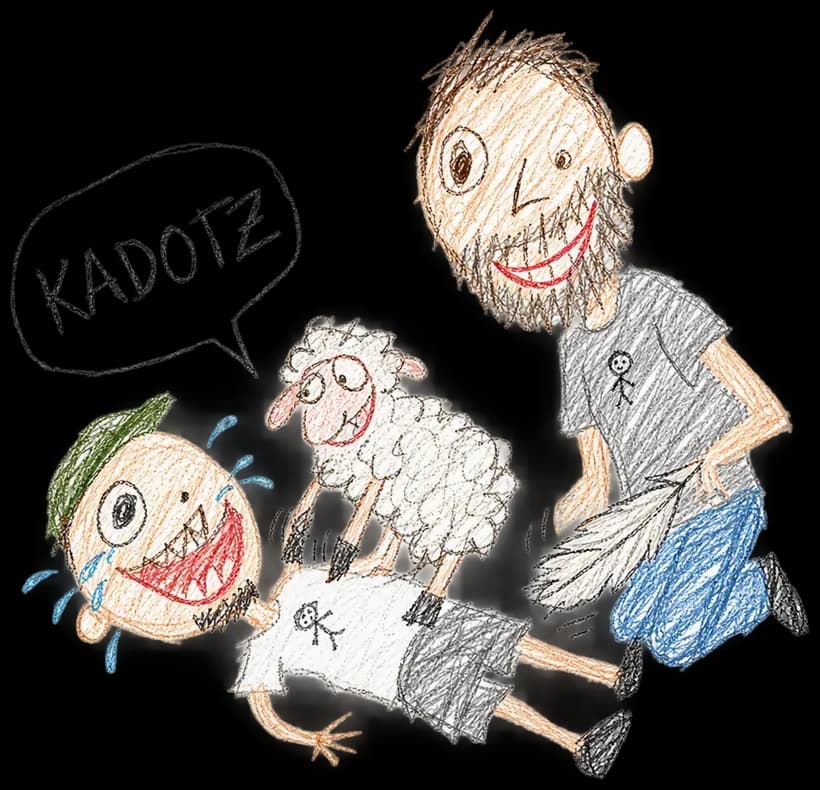 KADOTZ drawing: A tickle attack with a giant feather, a sheep sits on his belly and helps (drawn by AI)