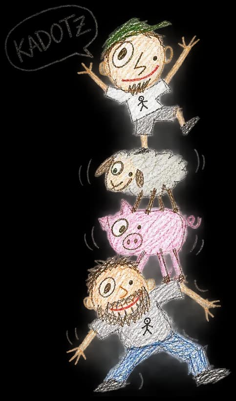 KADOTZ drawing: A wobbling tower: man, pig, sheep, man (drawn by AI)