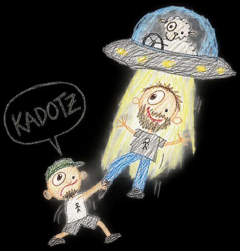 KADOTZ drawing: A UFO steered by a sheep beams one of them up, the other hangs on to his foot (drawn by AI)