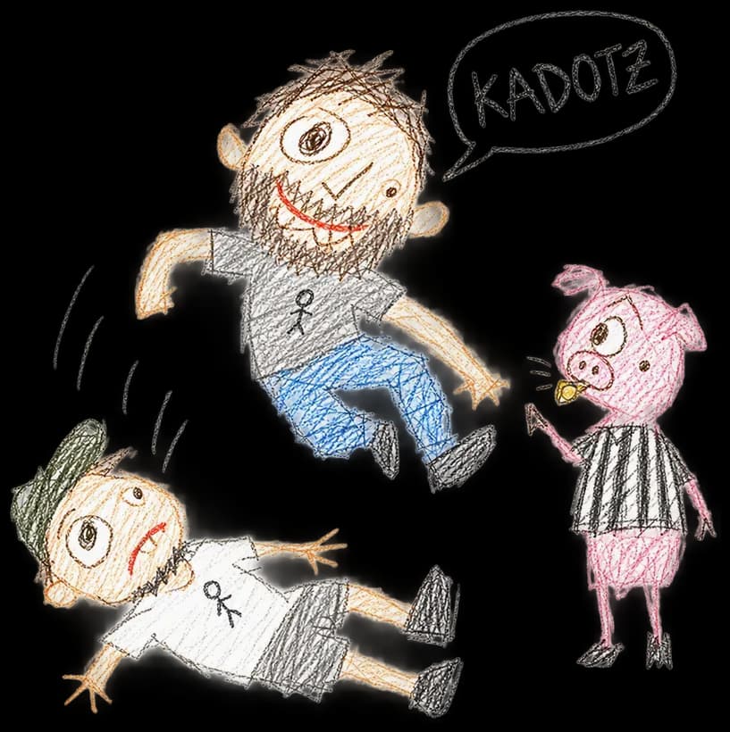 KADOTZ drawing: A flying elbow drop, a pig in a striped shirt referees (drawn by AI)