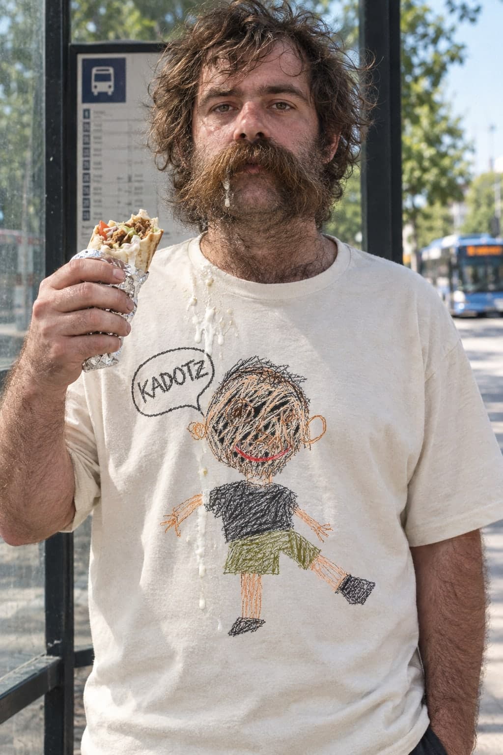 A hairy man eating a kebab at a bus stop, wearing the KADOTZ classic tee (AI-generated model)