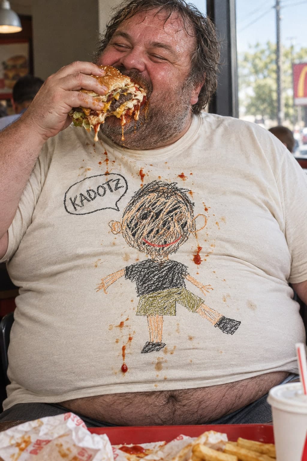 A man happily eating a burger, sauce on his KADOTZ tee