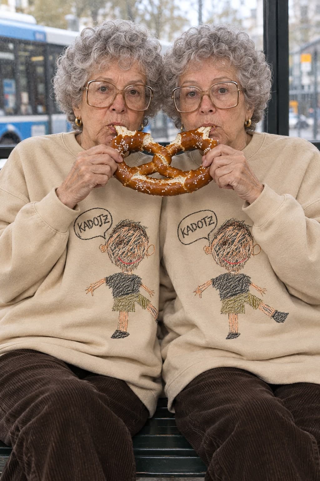 Elderly twins sharing a pretzel at a bus station