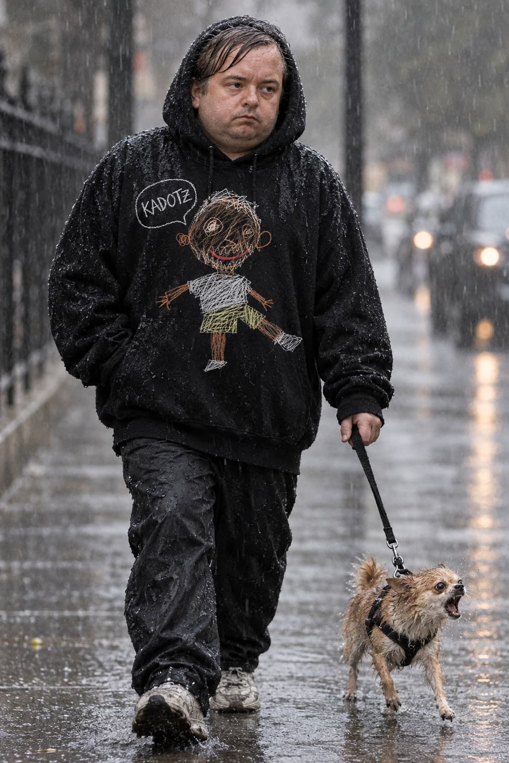 A soaked man walking a furious chihuahua in the rain