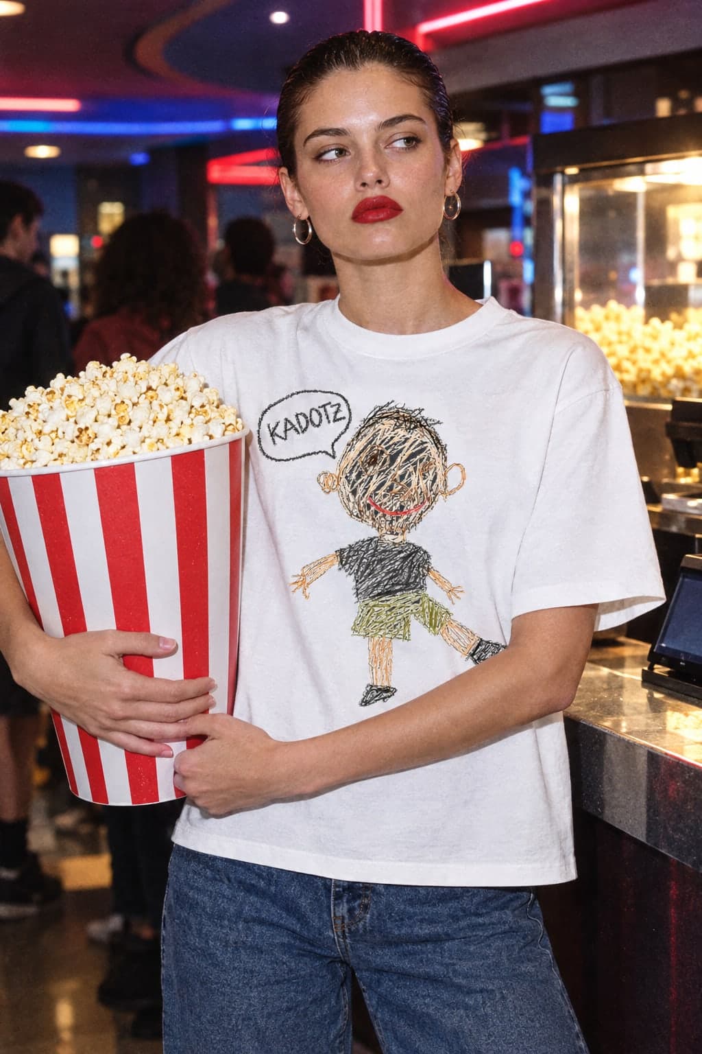 ordering far too much popcorn, wearing the Women's Heavyweight Boxy T-Shirt in White (AI-generated model)