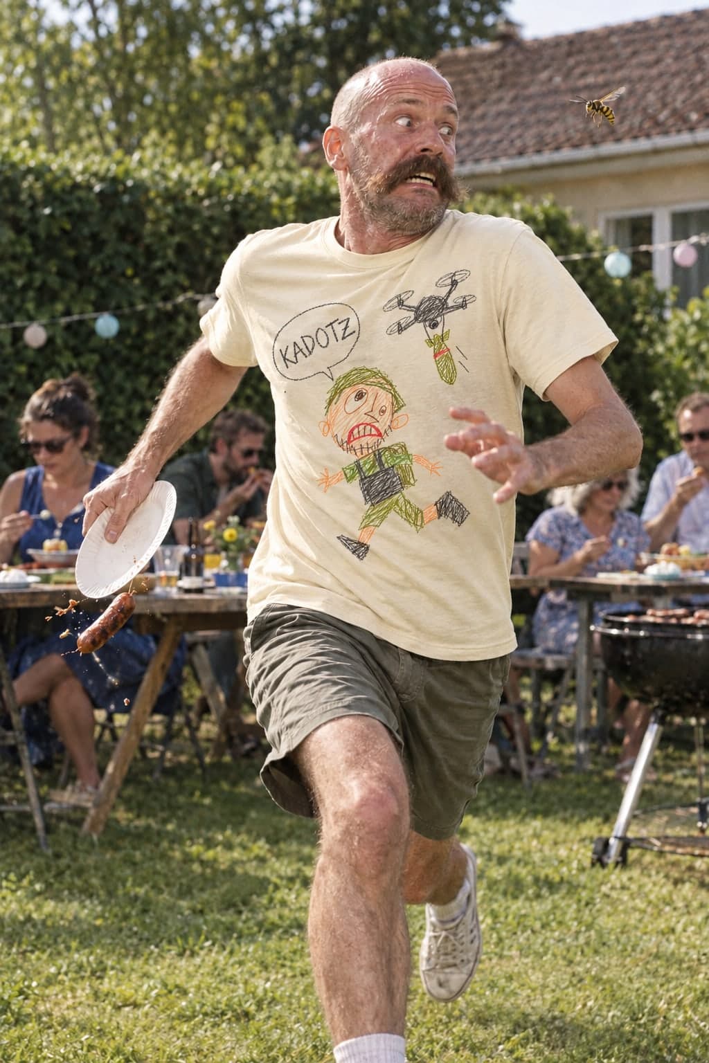 Running from a wasp at the barbecue (AI-generated model)