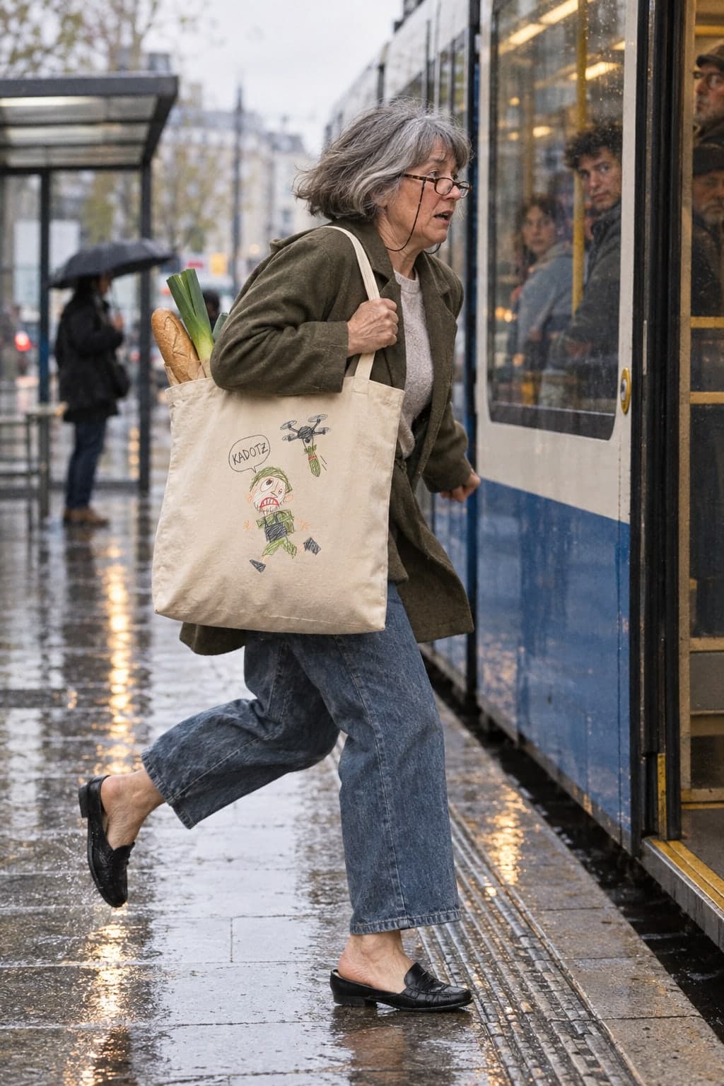 Running for the tram with the shopping (AI-generated model)