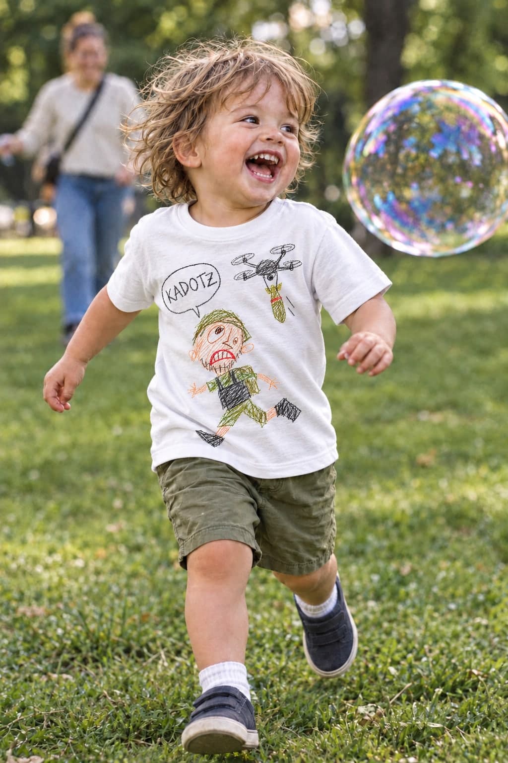 Running from a soap bubble (AI-generated model)
