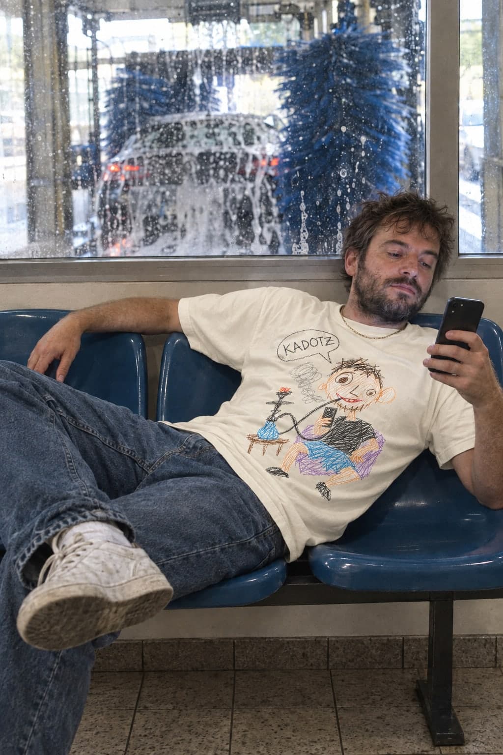 Scrolling at the car wash (AI-generated model)
