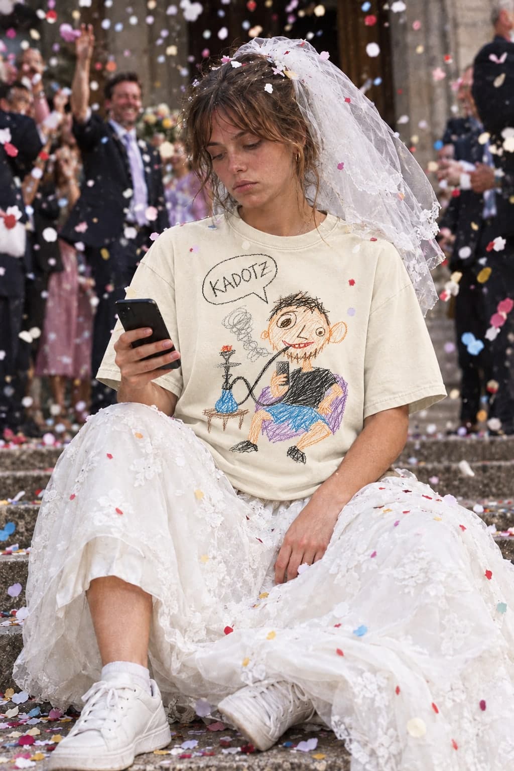 A bride scrolls through her own wedding (AI-generated model)