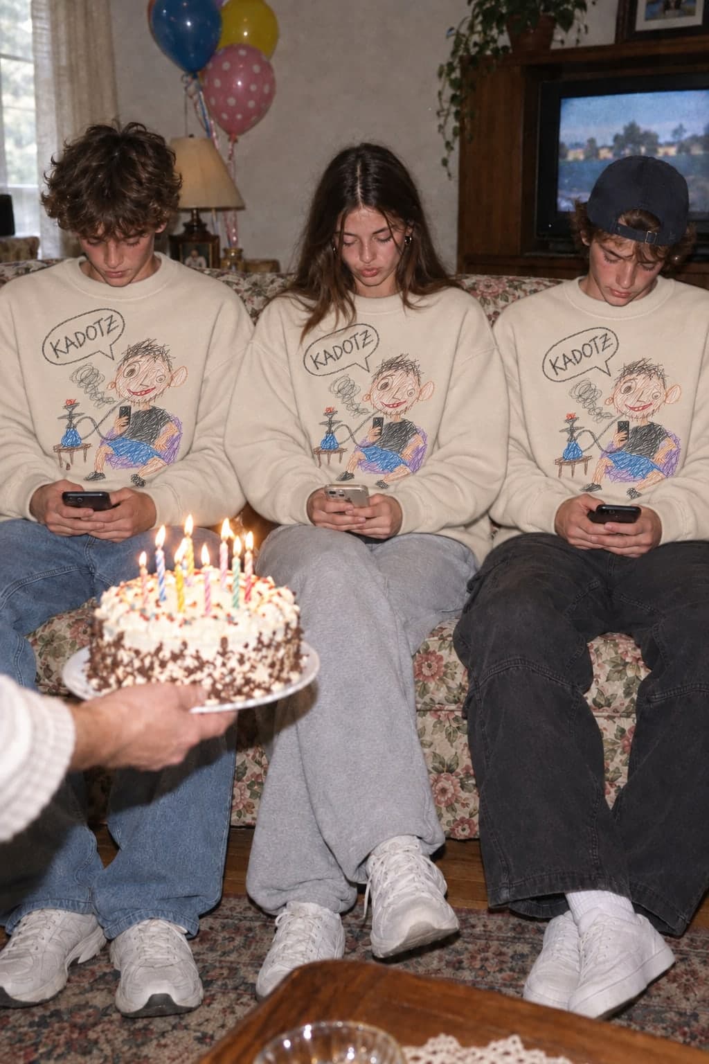 Three cousins at grandma's birthday (AI-generated model)