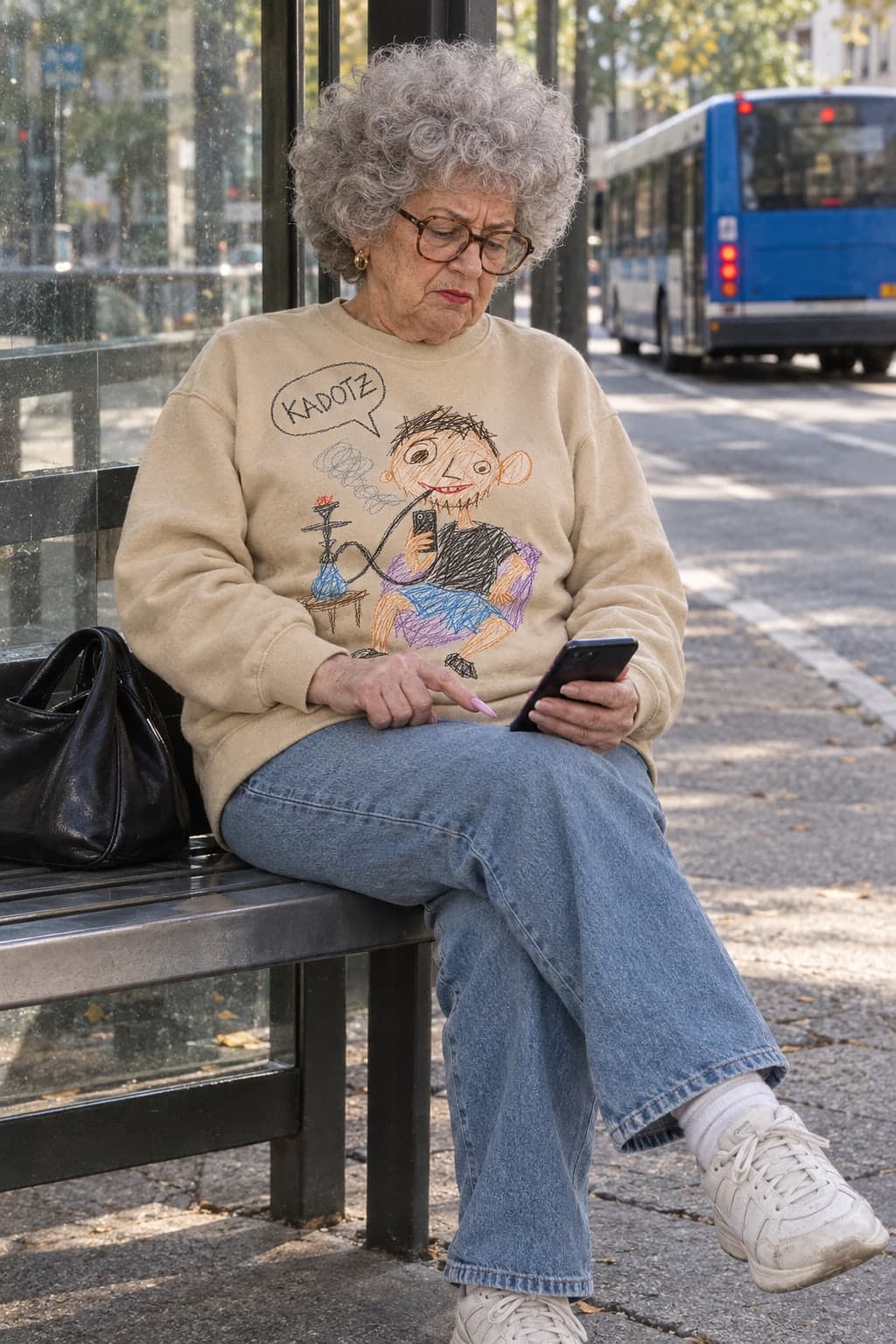 The bus leaves while she scrolls (AI-generated model)