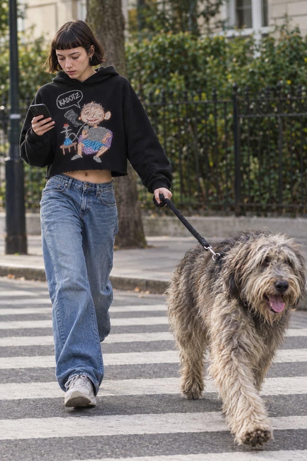 The dog walks her (AI-generated model)