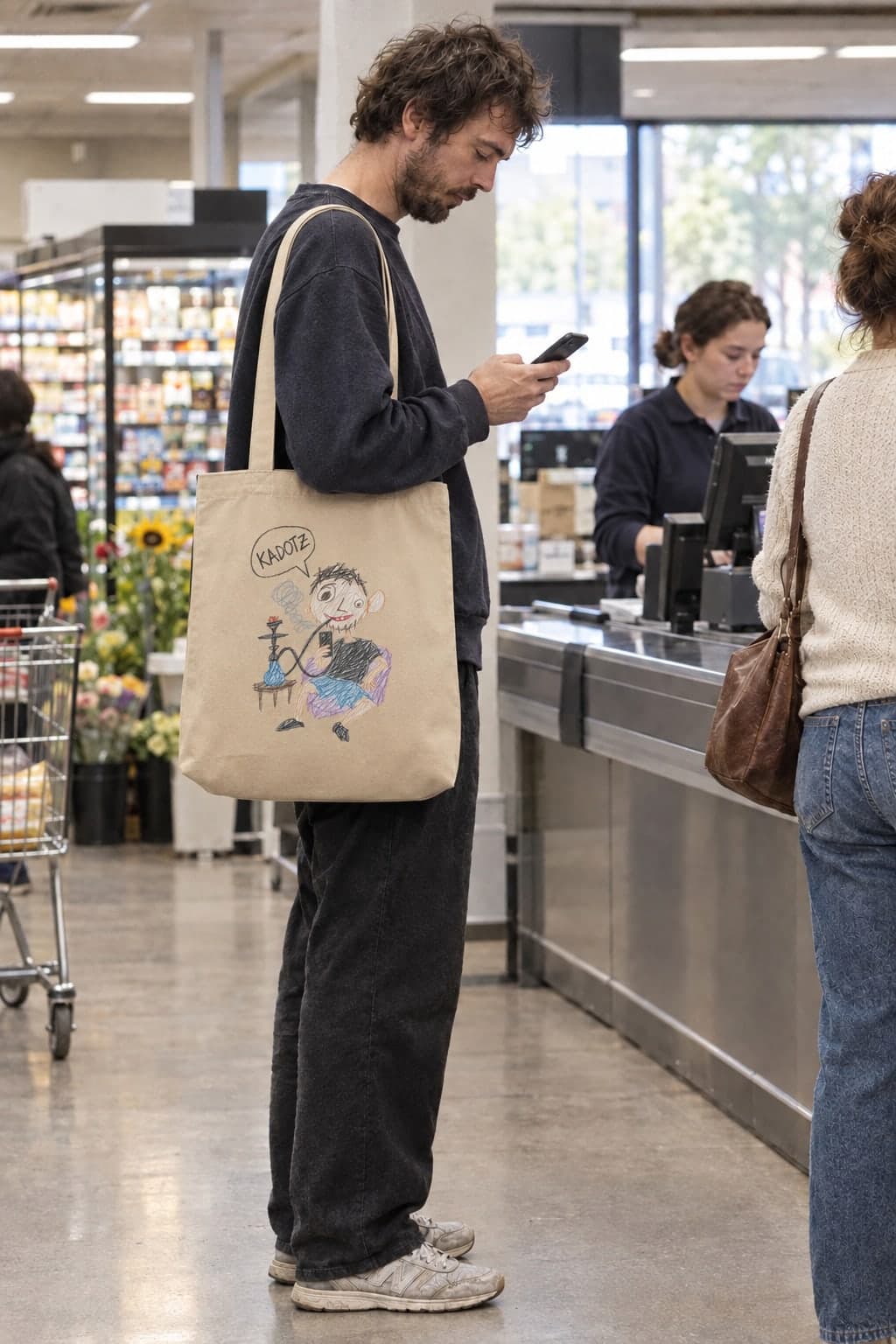 Scrolling in the supermarket queue (AI-generated model)