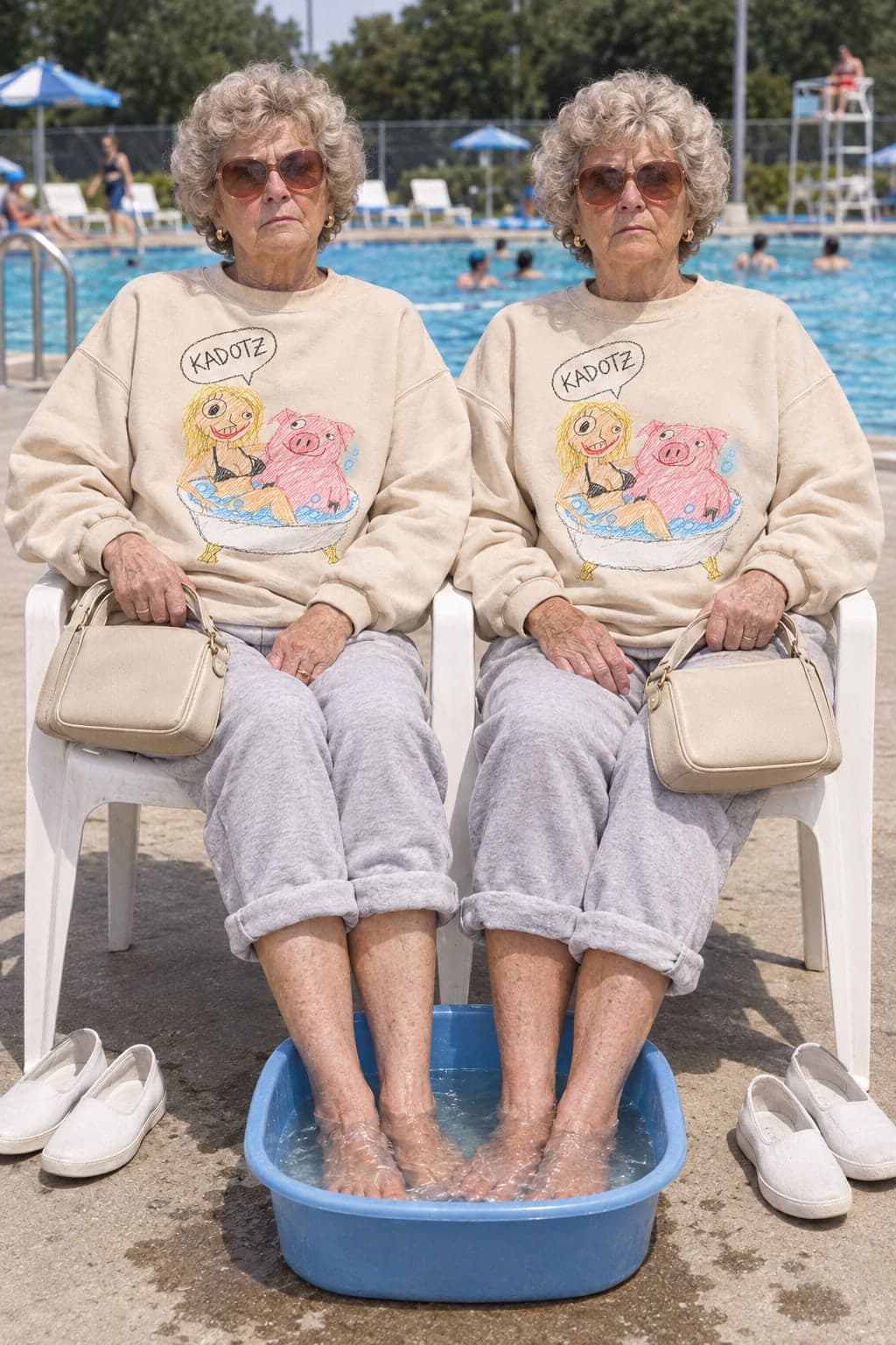 Two grandmothers at the foot bath (AI-generated model)