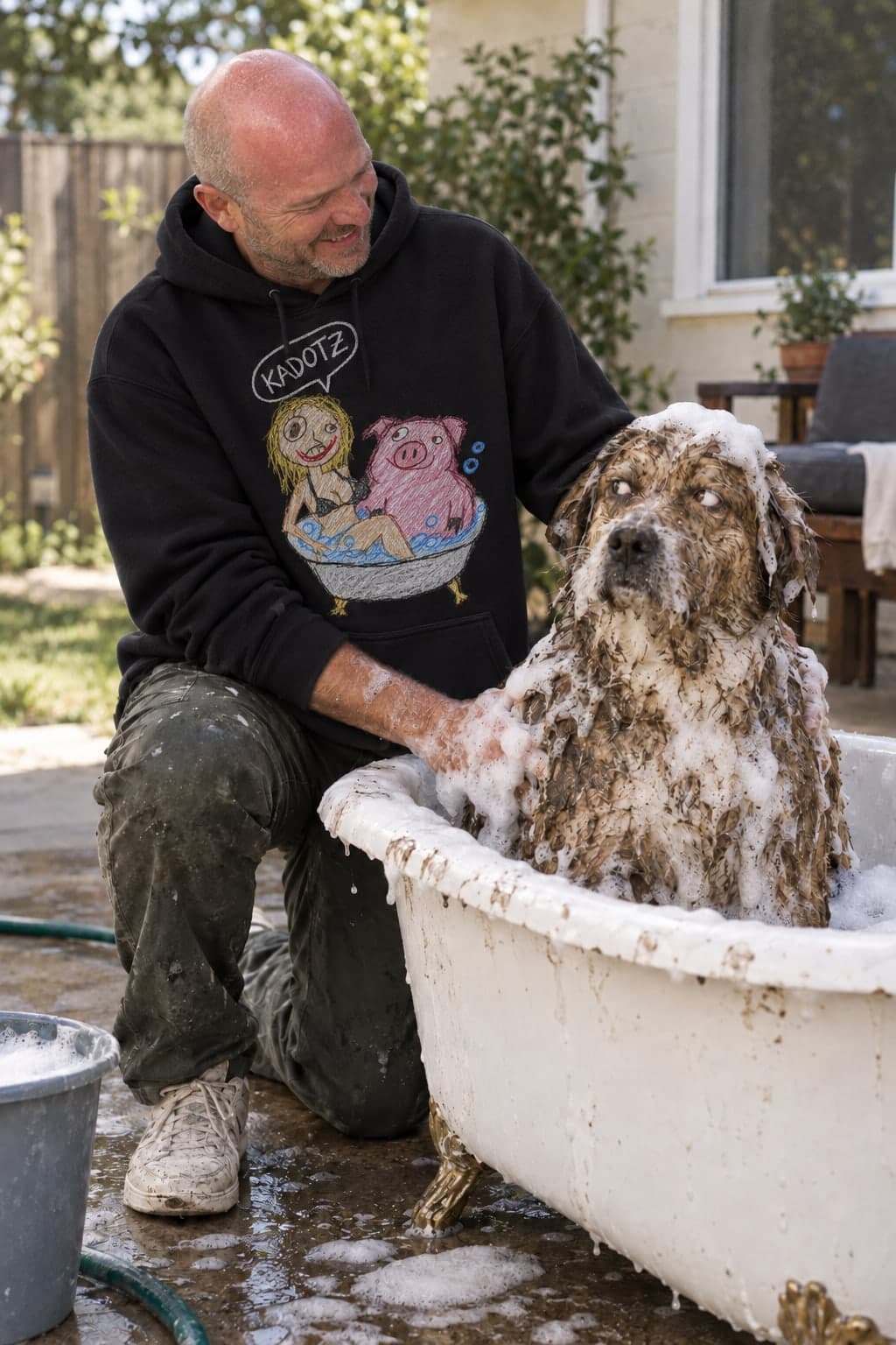 Bath time for a very muddy dog (AI-generated model)