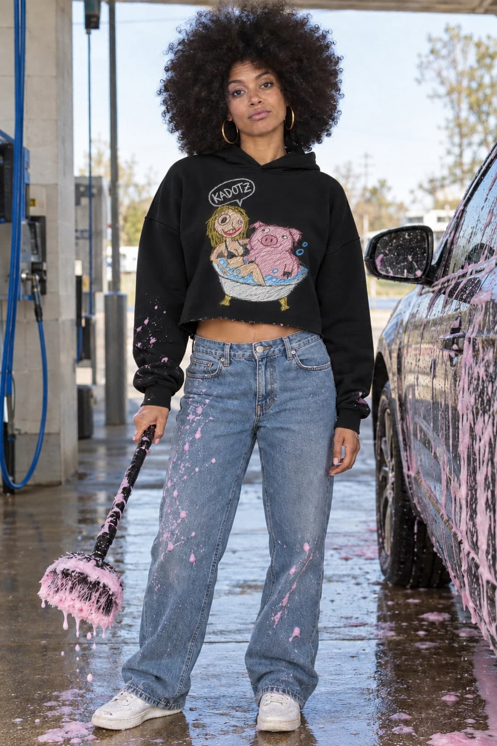 Pink foam at the self-service car wash (AI-generated model)