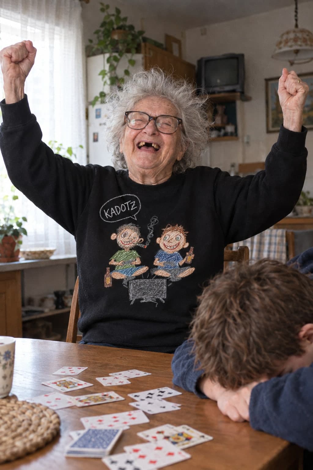 Grandma wins at cards (AI-generated model)