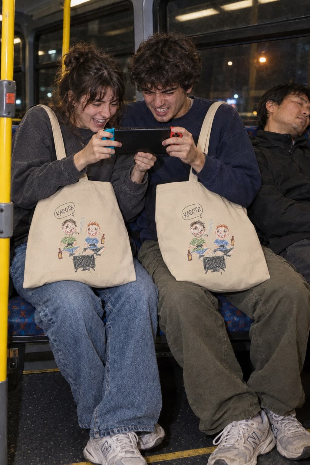 Two gamers on the night bus (AI-generated model)