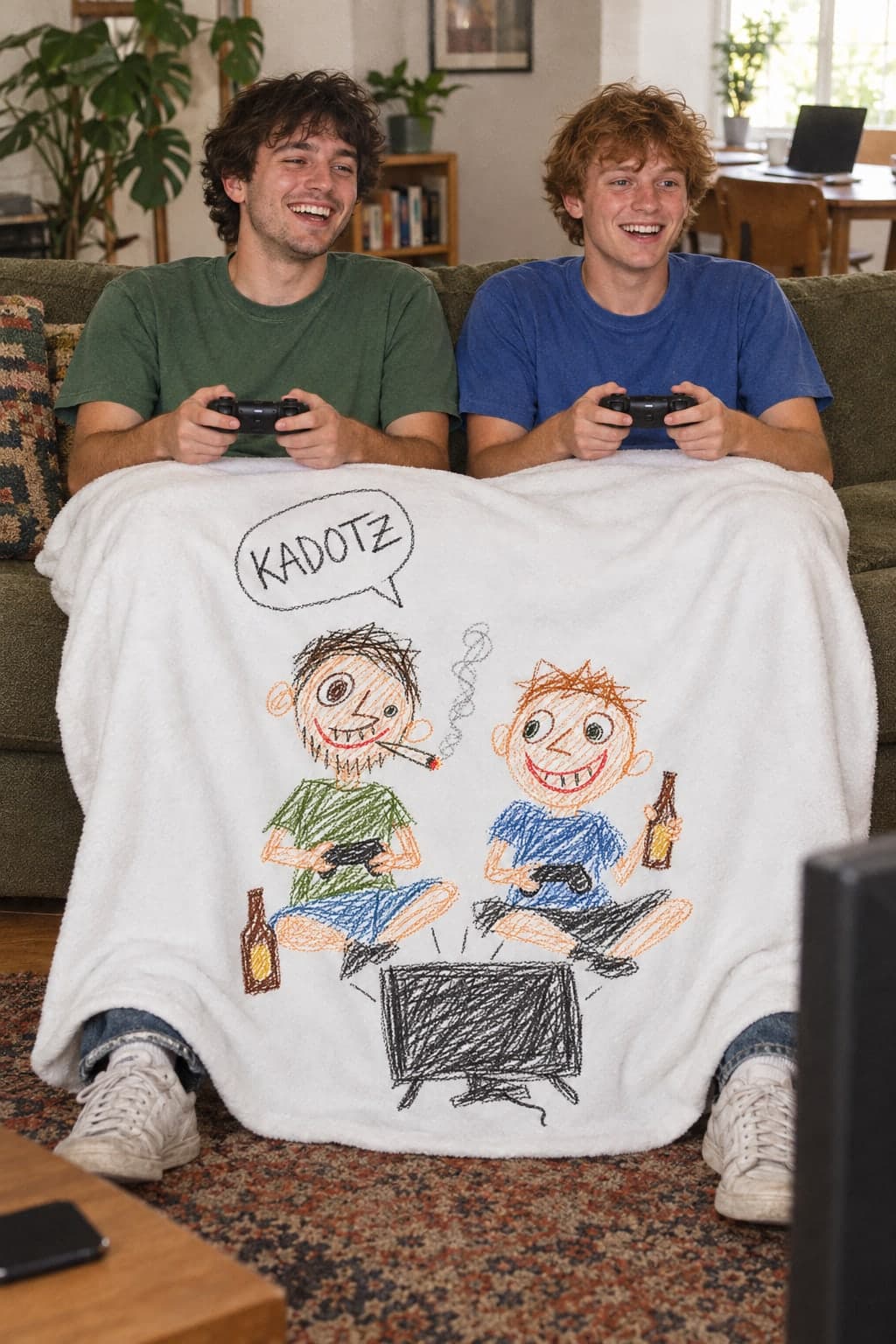 Couch, blanket, controllers (AI-generated model)
