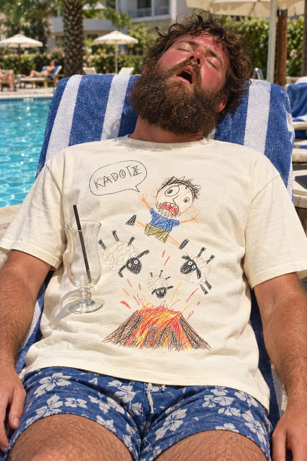 Asleep and sunburnt by the pool (AI-generated model)