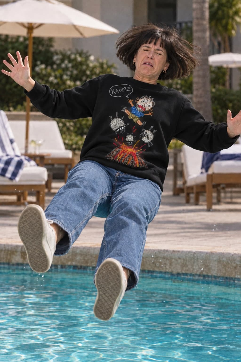 Backwards into the pool, fully dressed (AI-generated model)