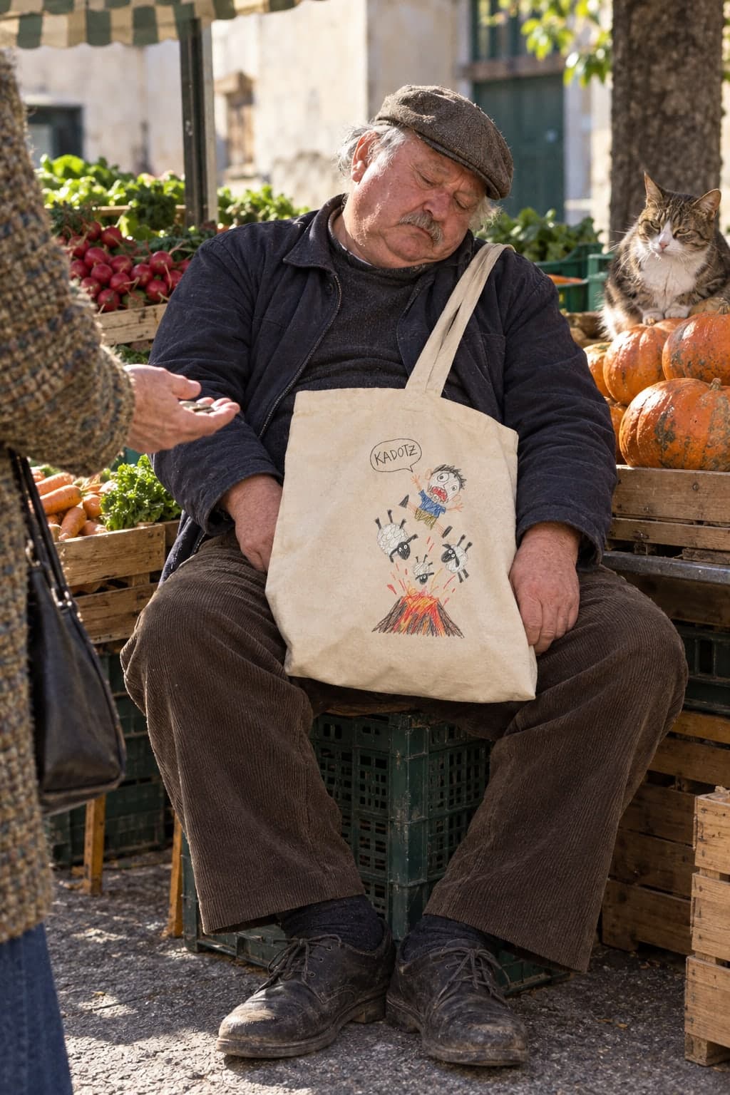 Asleep at the market stall (AI-generated model)