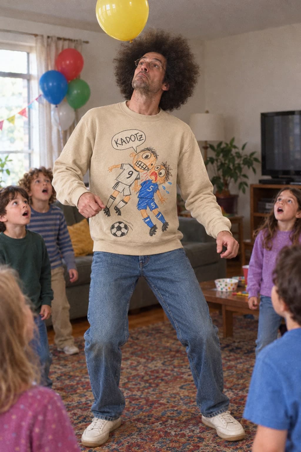Heading a balloon at the kids' party (AI-generated model)