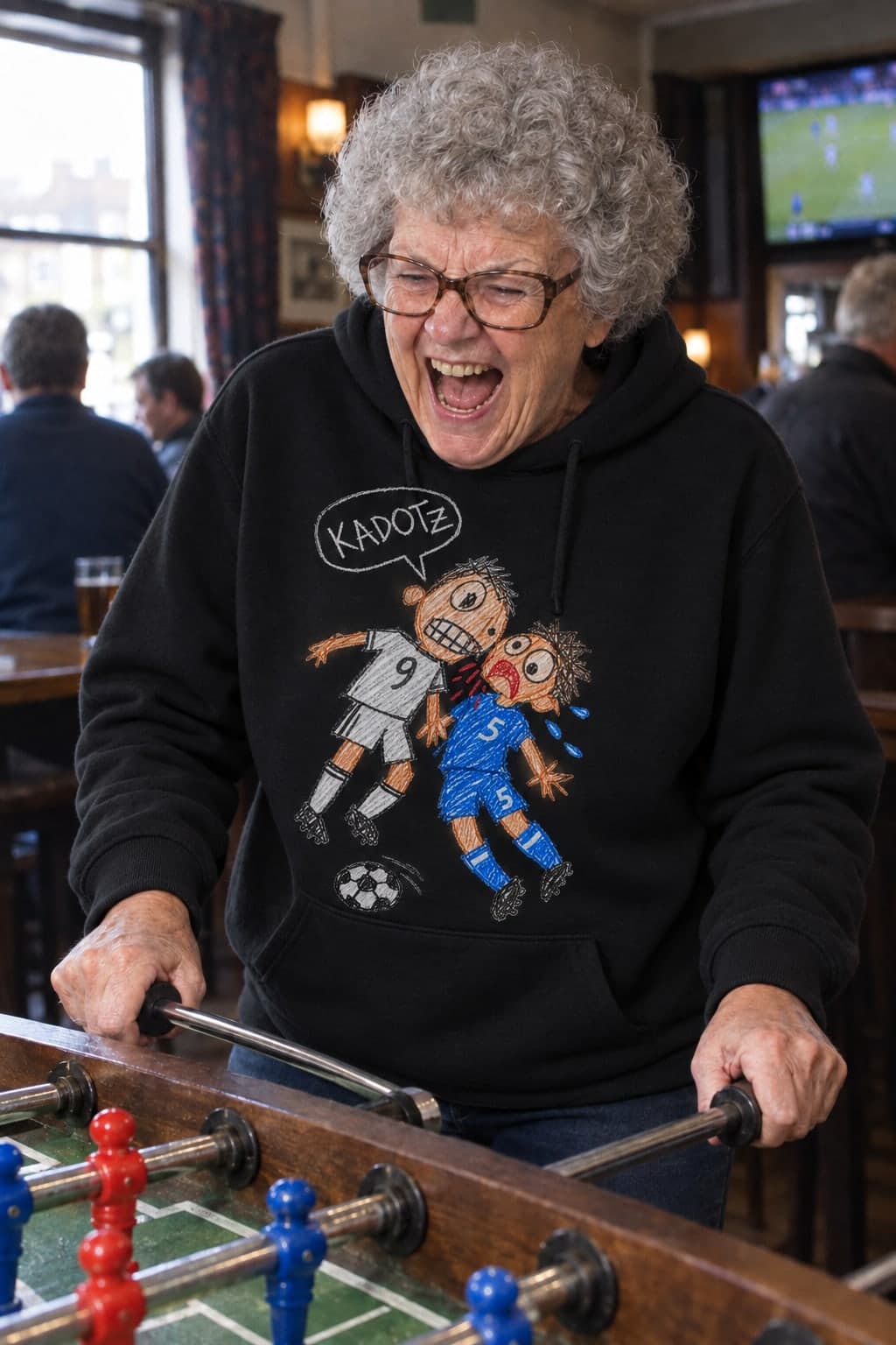 Grandma at the table football (AI-generated model)