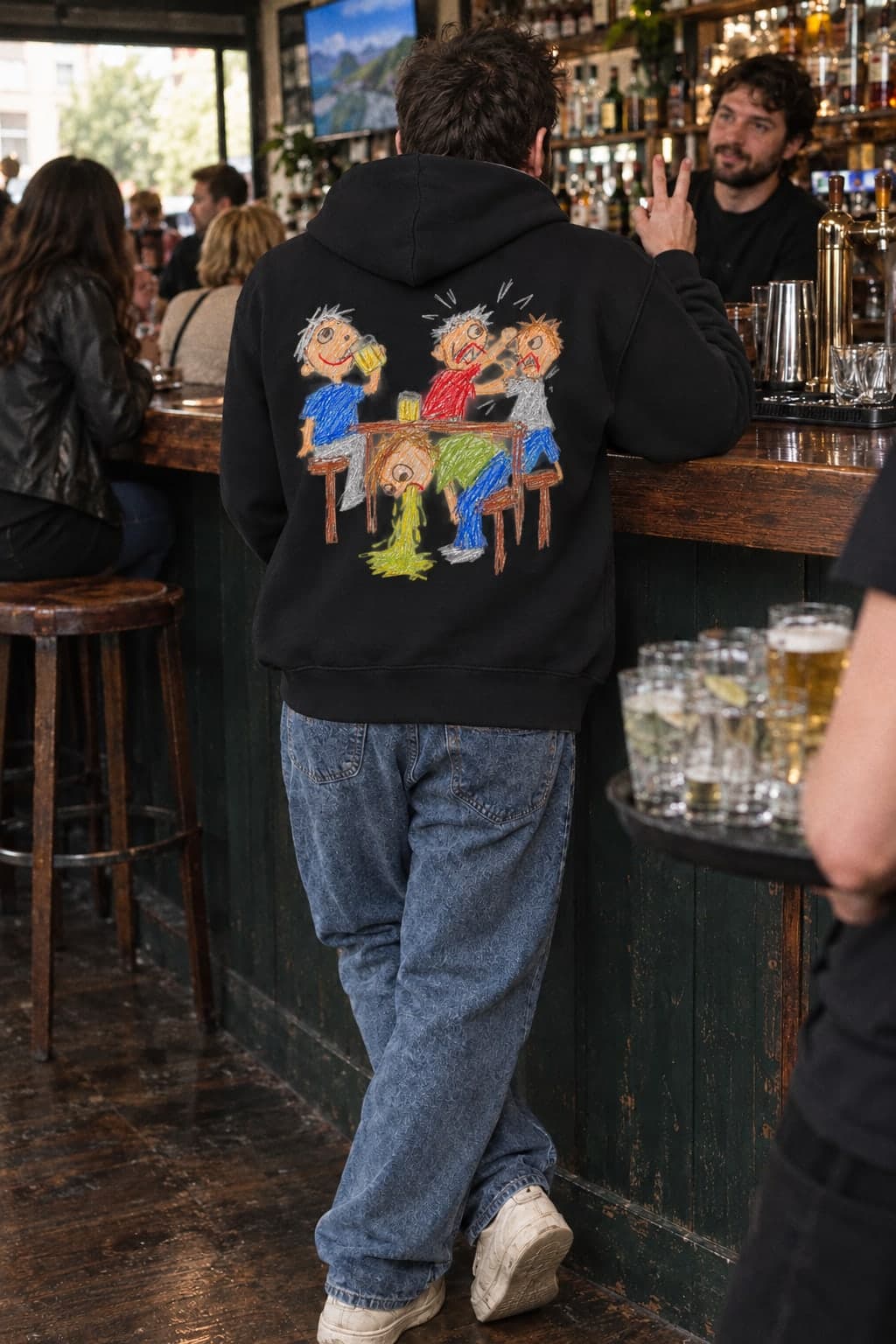 Two fingers up at the bar (AI-generated model)