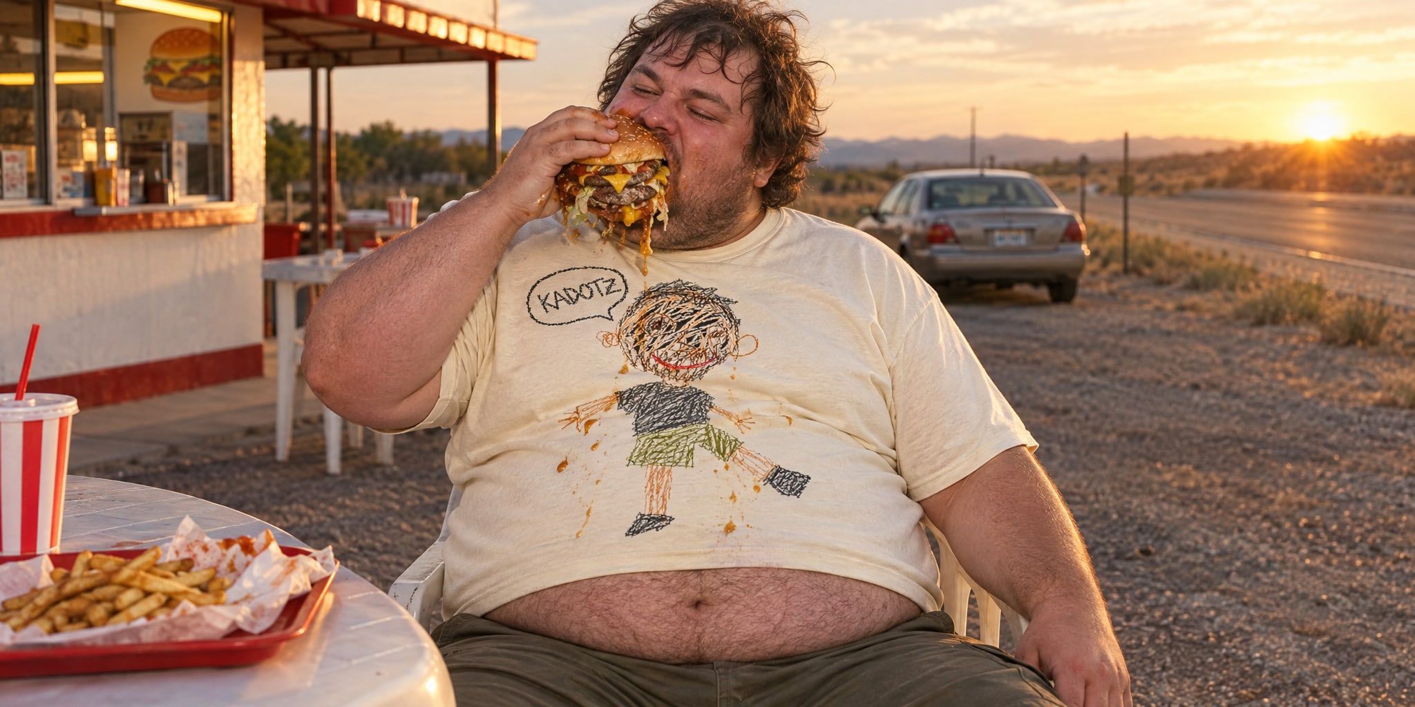 Sauce on the shirt, sun on the highway